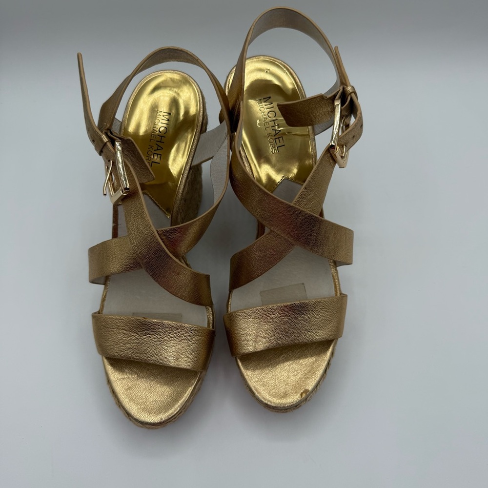 Michael Kors Metallic Gold Wedge-Platform Ankle Strap Espadrilles Size 11M - Picture 3 of 16